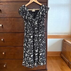 Converse One Star Fit & Flare Midi Dress Women Size S Black Floral Ruffle V-Neck